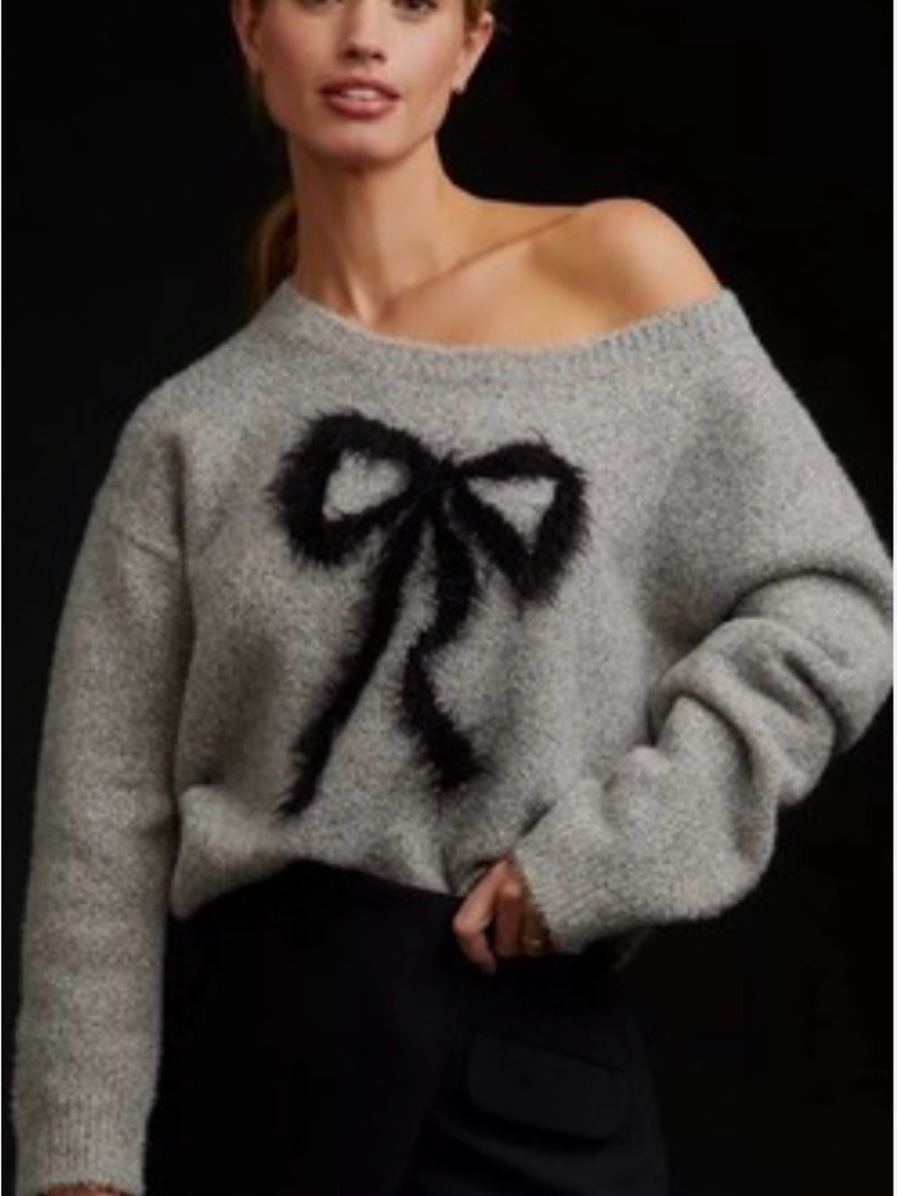 Maeve Anthropologie Gray Off-Shoulder Sweater with Black Bow Detail